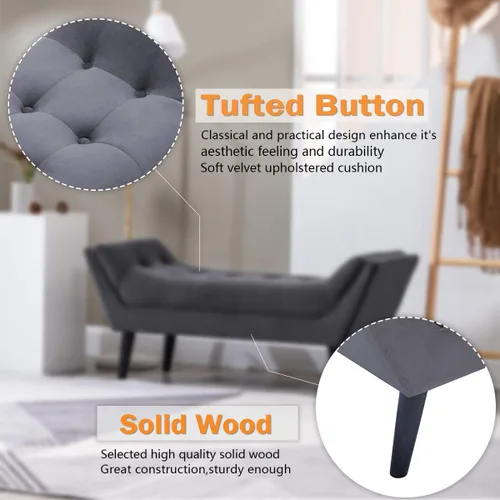 Miniatura 5 de Alunaune Banco otomano de terciopelo para dormitorio, banco de entrada tapizado, reposapiés otomano con patas de madera, 2 plazas, color gris oscuro