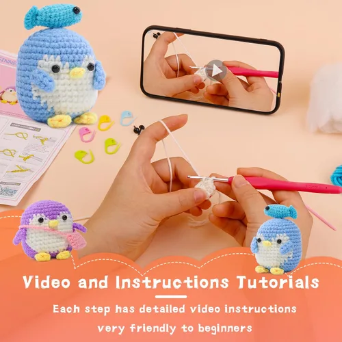 Miniatura 4 de Paquete de 2 kits de ganchillo para principiantes, kit de ganchillo de animales, bonito kit de inicio de ganchillo con video tutorial, 2 ganchillos
