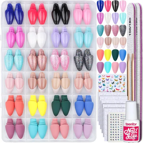 Miniatura 12 de Teenitor 24 paquetes de uñas postizas cortas a presión, 576 piezas de uñas postizas redondas a presión, uñas postizas cortas mate y brillantes