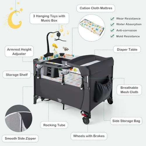 Miniatura 8 de BABY JOY Paquete y juego 5 en 1, cama de noche para bebé con moisés, cuna multifunción para recién nacidos hasta niños pequeños, cambiador de Gris