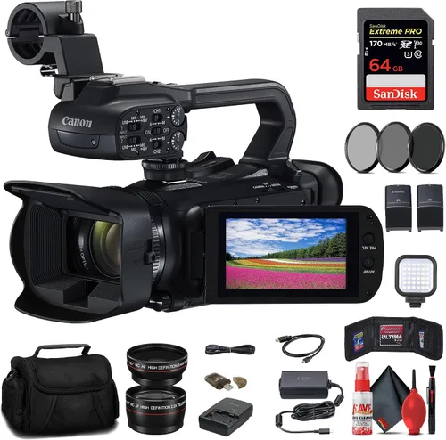 Canon Videocámara profesional UHD 4K XA60 (5733C002) + tarjeta de memoria de 64 GB + batería + cargador + kit de filtro + bolsa + luz LED + lente