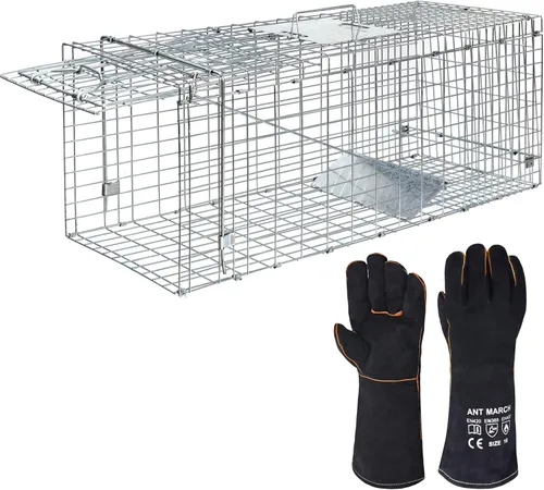 Trampa de jaula para animales vivos ANT MARCH 32"x11.5"x13" de acero, jaula humanitaria de liberación de roedores con guantes para conejos, gato