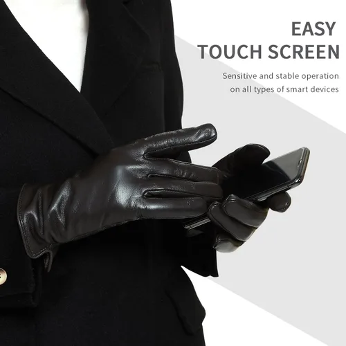 Miniatura 2 de ZLUXURQ Guantes de cuero suave italiano de lujo para mujer, guantes de piel de oveja genuina para mujer, guantes de clima frío con forro de cachemira