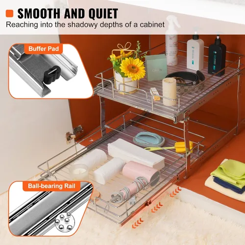 Miniatura 3 de VEVOR Organizador de Gabinete Extraíble de 2 Niveles 18.7"An×21"Pr×3.2"Al, Estantes de Despensa Deslizables de Servicio Pesado, Cajones Deslizantes