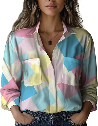 Miniatura 11 de Summer Tops for Women Lightweight Button Flowy Shirts Boho Long Sleeve Blouses Casual Clothes with Pockets