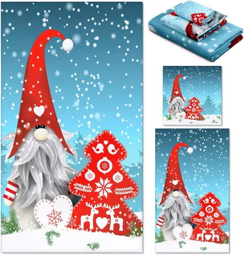 Preboun Juego de 3 toallas de baño navideñas de gnomo, toallas de mano con árbol de Navidad, toallas de baño con copos de nieve de invierno, toallas