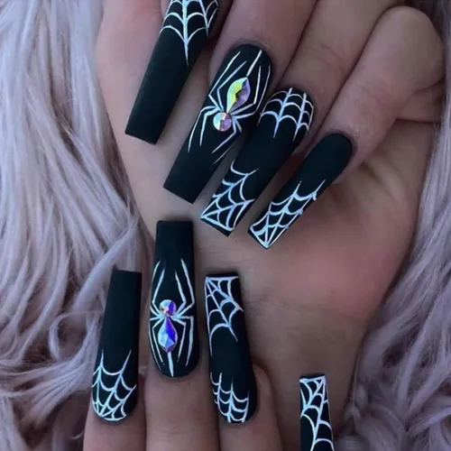 Miniatura 17 de Uñas postizas a presión de Halloween, uñas postizas cuadradas cortas con diseños de gato negro, acabado degradado brillante, cobertura completa