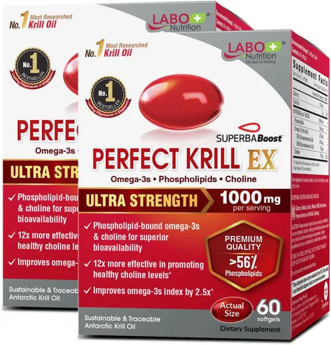 LABO Nutrition Perfect Krill EX, 1000 mg de aceite de krill antártico Omega 3 EPA DHA, los fosfolípidos más altos (más del 56%) con colina,
