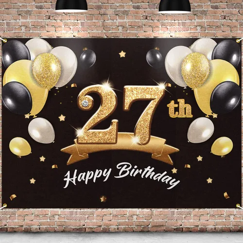 Telón de fondo de pancarta de feliz cumpleaños 27 – Suministros de decoración de fiesta de cumpleaños 27 para hombres y él – Negro dorado 4 x 6 pies