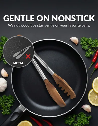 Miniatura 3 de Pinzas de cocina y servidor de pasta 3 en 1 – Pinzas multifunción de nogal de 12 pulgadas con puntas ranuradas tipo tenedor y planas para pasta