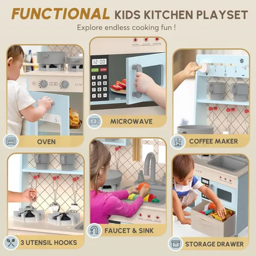 Miniatura 7 de BIERUM Cocina de Juguevo con Luces y Sonidos Realistas, Juego de Cocina de Madera para Niños, Juego de Simulación de Chef para Niños Pequeños, Azul