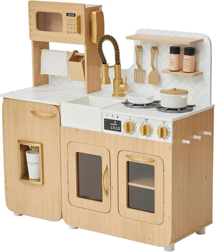 Teamson Kids Little Chef Cyprus - Juego de cocina de juguete para niños pequeños con 14 accesorios, juego de cocina de juguete de madera para niños
