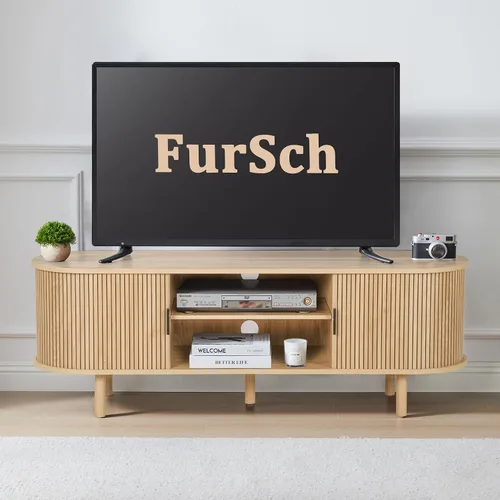 Miniatura 13 de FurSch Soporte de TV con puerta de tambor de 62 pulgadas, mueble de TV moderno de madera de mediados de siglo para TV de hasta 75 pulgadas, soporte