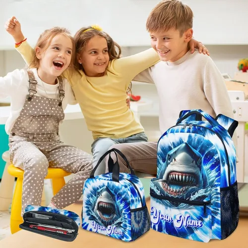 Miniatura 8 de UNIKITTY Mochila para niños con nombre personalizado, juego de 3 piezas con bolsa de almuerzo y estuche para lápices, bolsa escolar de 17 pulgadas