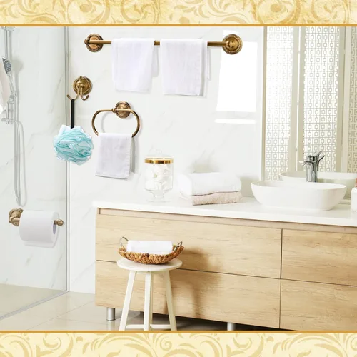 Miniatura 5 de Juego de 4 Piezas de Accesorios de Baño de Latón Antiguo Dorado Montados en la Pared Toallero y Anillo para Toallas y Portapapel Higiénico y Gancho