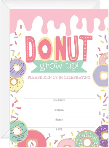Canopy Street Invitación para fiesta de cumpleaños con forma de dona, 25 invitaciones para fiesta de dulce crecimiento, paquete de invitación para