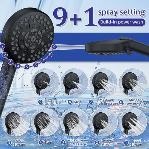 Miniatura 7 de Juego de llave de ducha de lluvia redonda negra mate de Iriber, llave de ducha con filtro y rociador de mano, llave de ducha moderna de baño con 9