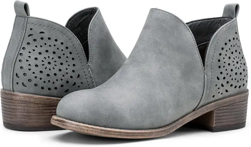 Miniatura 8 de VEPOSE botas al tobillo para mujer con tacón bajo y grueso, con perforaciones, botas de vaquero