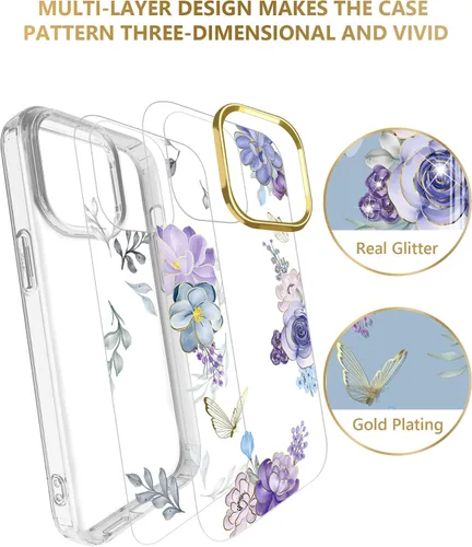 Miniatura 4 de Funda transparente compatible con iPhone 12 Pro iPhone 12 con purpurina y diseño de flores protectoras, a prueba de golpes, delgada, de poliuretano