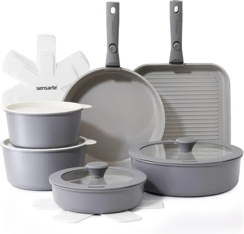SENSARTE Juego de ollas y sartenes de cerámica de 17 piezas, antiadherentes con mango desmontable, utensilios de cocina de inducción con mango Gris