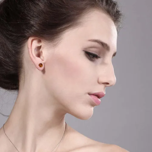 Miniatura 3 de Gem Stone King Aretes de tuerca de oro amarillo de 14 quilates con topacio místico naranja de 4 puntas para mujer