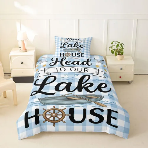 Miniatura 25 de Erosebridal Lake House Twin Bed Set for Boys Girls Kids, Blue and Beige Lakehouse 2Pcs Duvet Cover with Zipper, Rustic Farmhouse Bedding Sets