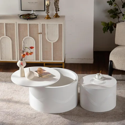 Miniatura 21 de Juego de 2 mesas de centro redondas negras de 55.12 pulgadas, mesa lateral moderna para sala de estar, diseño contemporáneo de círculo de madera