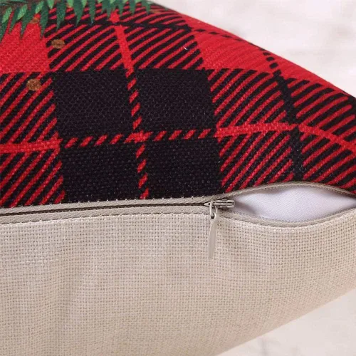 Miniatura 5 de Juego de 4 fundas de almohada navideñas a cuadros de búfalo de 18 x 18 pulgadas, decoración de almohada de lino y algodón rojo beige para decoración