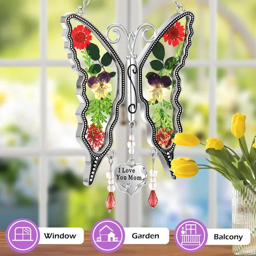 Miniatura 2 de KY &BOSAM - Adorno de mariposa atrapaluz para regalo de mamá, con la frase "I Love You Mom". Vitral para colgar en la ventana, carillón de viento