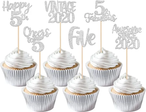 Miniatura 106 de Rsstarxi Paquete de 24 adornos para cupcakes vintage 2019 con purpurina negra para 5º cumpleaños, saludos a 5, cinco, 5, 5 fabulosos para cupcakes