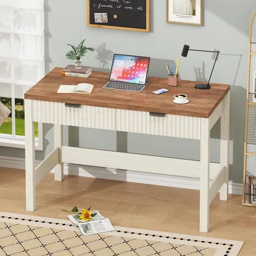 Miniatura 4 de YOMILUVE Escritorio estriado para computadora con 2 cajones, escritorio pequeño de computadora de 39 pulgadas con almacenamiento, escritorio Blanco