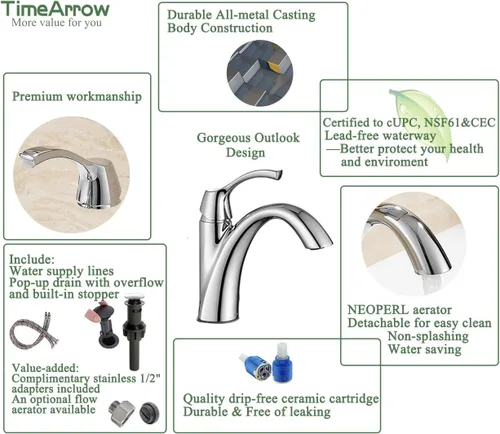 Miniatura 4 de Grifo de Baño Cromado TimeArrow, Grifo de Lavabo de Baño de Una Sola Manija para 1 Orificio con Placa de Cubierta de 3 Orificios, Grifos de Tocador