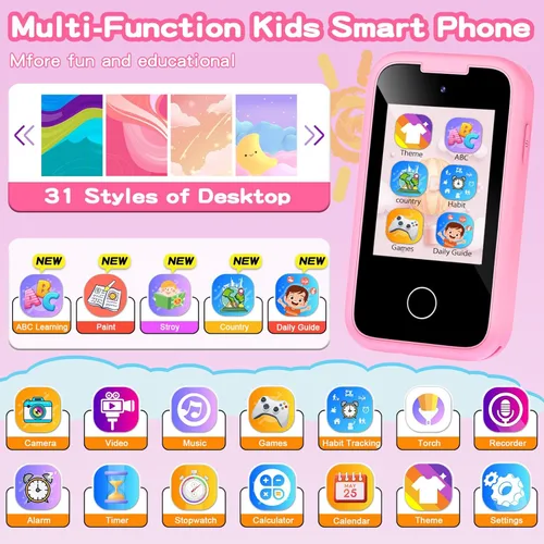 Miniatura 2 de Teléfonos inteligentes para niños, juguetes para niñas y niños de 3 a 8 años, juguetes de aprendizaje para niños pequeños con juegos educativos, Rosa