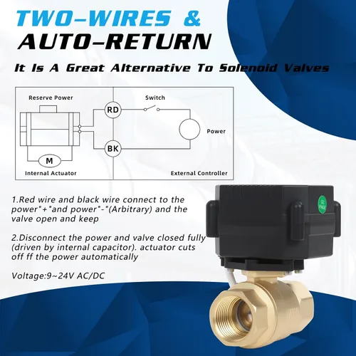 Miniatura 4 de Válvula de Bola Motorizada de Latón de 1/2" - Válvula de Agua Eléctrica de 2 Cables con Retorno Automático, Válvula de Bola Automática de 9-24V