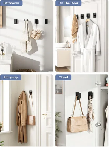 Miniatura 6 de GWAAZXGZ Ganchos para toallas de baño, paquete de 2, acabado negro mate, ganchos de pared adhesivos de acero inoxidable en forma de T para batas