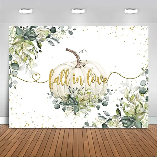 Mocsicka Fondo de fondo de otoño enamorado, tema de boda, hojas de eucalipto verdes, lunares dorados, calabaza, fondo de vinilo, calabaza,