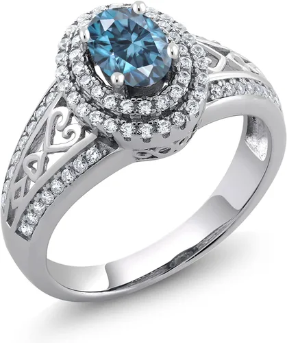 Miniatura 48 de Anillo de compromiso con halo de piedra preciosa y piedra natal en plata chapada en oro amarillo de 18 quilates, ovalado, 0.236 x 0.157 pulgadas