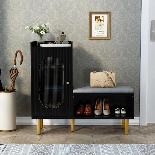 HLR Banco de almacenamiento con puerta y estante de cristal, moderno banco de zapatos de entrada con asiento acolchado, armario de almacenamiento en