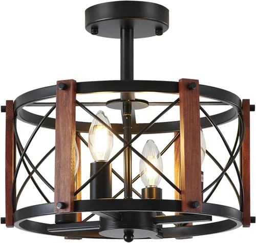 Miniatura 8 de Lámpara de techo semiempotrada rústica de 4 luces, 12.57 pulgadas, moderna, para entrada, pasillo, lámpara de cocina con tambor de madera de roble
