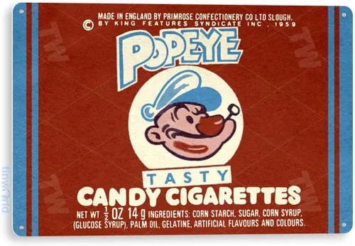 Tinworld Cartel de lata: Popeye Candy Cigarrillos Etiqueta Vintage Retro Cocina Cottage Store Sign C422