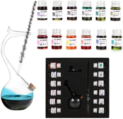 Thyggzjbs - Juego de tinta para pluma de cristal hecho a mano de alto borosilicato, pluma de cristal con 12 tintas de colores para arte, escritura,