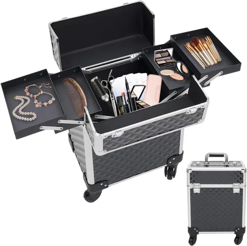 Miniatura 12 de Estuche de maquillaje con ruedas para cosméticos, carrito grande para cosméticos con cerraduras, organizador de almacenamiento de cosméticos, Negro