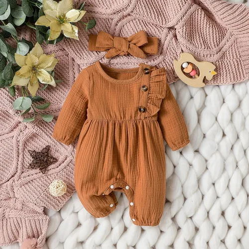 Miniatura 2 de KMBANGI Mameluco de algodón y lino para bebé recién nacido, con volantes, ropa de otoño
