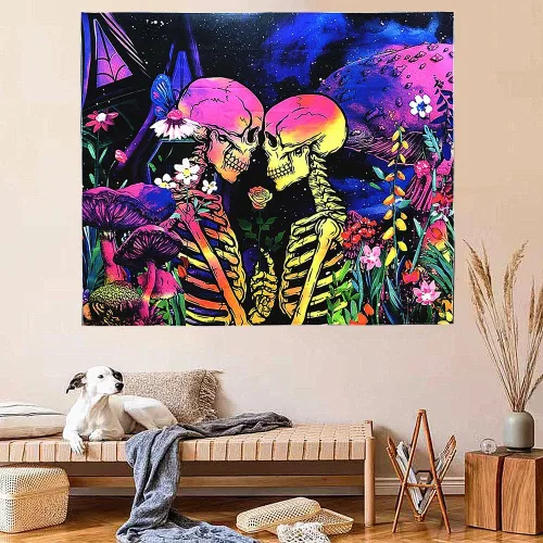 Miniatura 2 de SIGISY Tapiz para amantes del cráneo de luz negra, tapiz romántico para amantes del cráneo, tapiz floral de hongos reactivos a los rayos UV, tapiz