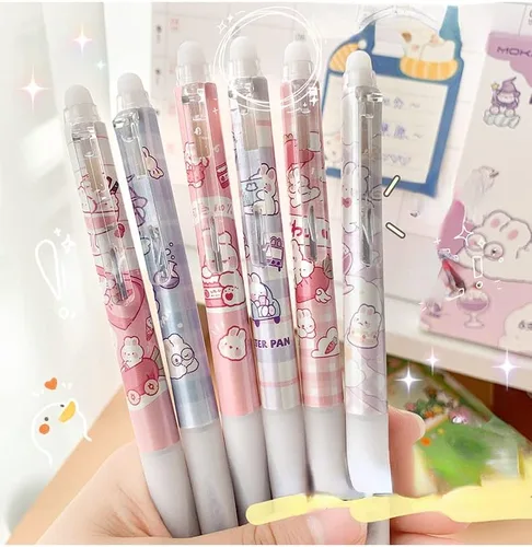 Miniatura 2 de 6 bolígrafos kawaii borrables con borradores, bonitos bolígrafos de gel con estampado de dibujos animados kawaii de 0.020 in, bolígrafos de tinta