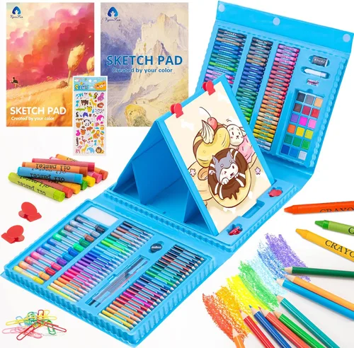 VigorFun Suministros de arte, kit de arte de dibujo de 240 piezas, estuche de arte de regalo con caballete triple de doble cara, incluye pasteles al