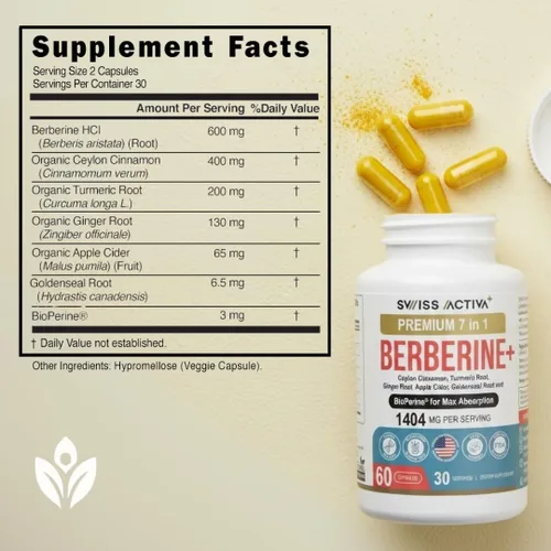 Miniatura 8 de Swiss Activa+ Labs Suplemento 7 en 1 de berberina orgánica con bioperina Canela de Ceilán Raíz de cúrcuma Raíz de jengibre Vinagre de sidra