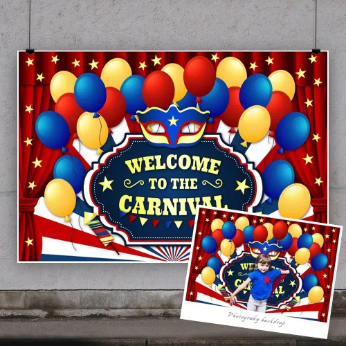 Miniatura 3 de Yeele Telón de fondo de fiesta de carnaval de 10 x 6.5 pies para fotografía, globos azules y amarillos, cortina roja, telón de fondo para fiesta