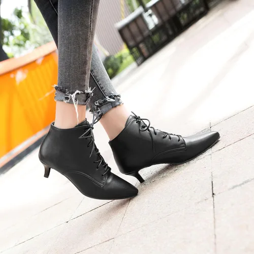 Miniatura 4 de SEIFIN Botines con cordones para mujer, tacón bajo y medio, con cremallera lateral, botines cortos con puntera puntiaguda