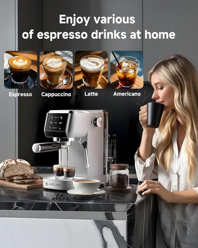 Miniatura 7 de AMZCHEF Máquina de café expreso de 20 bares: cafetera profesional con espumador de leche, temperatura y presión ajustables, cafetera compacta